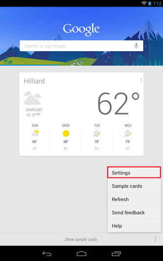 Google Now Menu, Settings